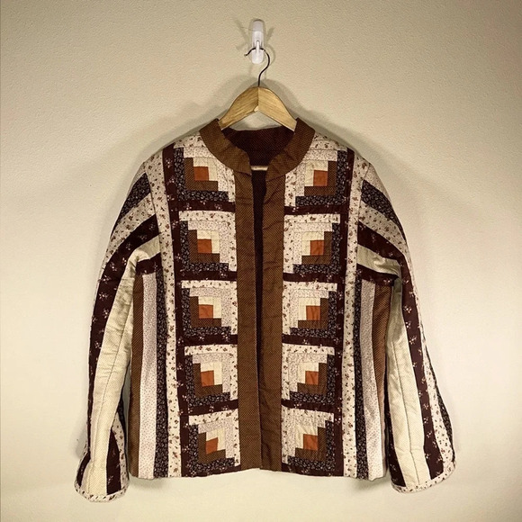 Vintage Handmade Upcycled Log Cabin Quilt Coat Size Medium Boho Granny Cottage - Picture 7 of 8